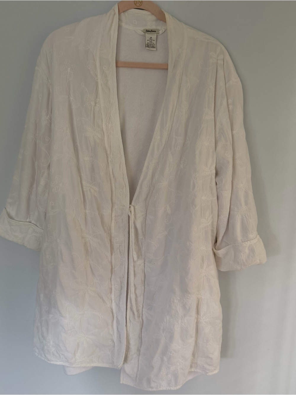 Y2K Neiman Marcus White Floral Embroidered Robe Kimono Jacket M Cotton blend